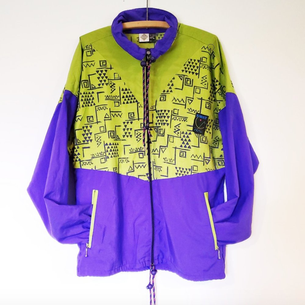 K-Way Vintage Full Zip 80s Pattern Neon Green Purple Rare Logo Windbreaker